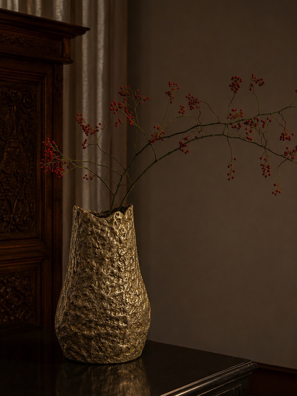 Organic Sculptural Gold Metal Vase Brutalist Style Heavy Statement Decor